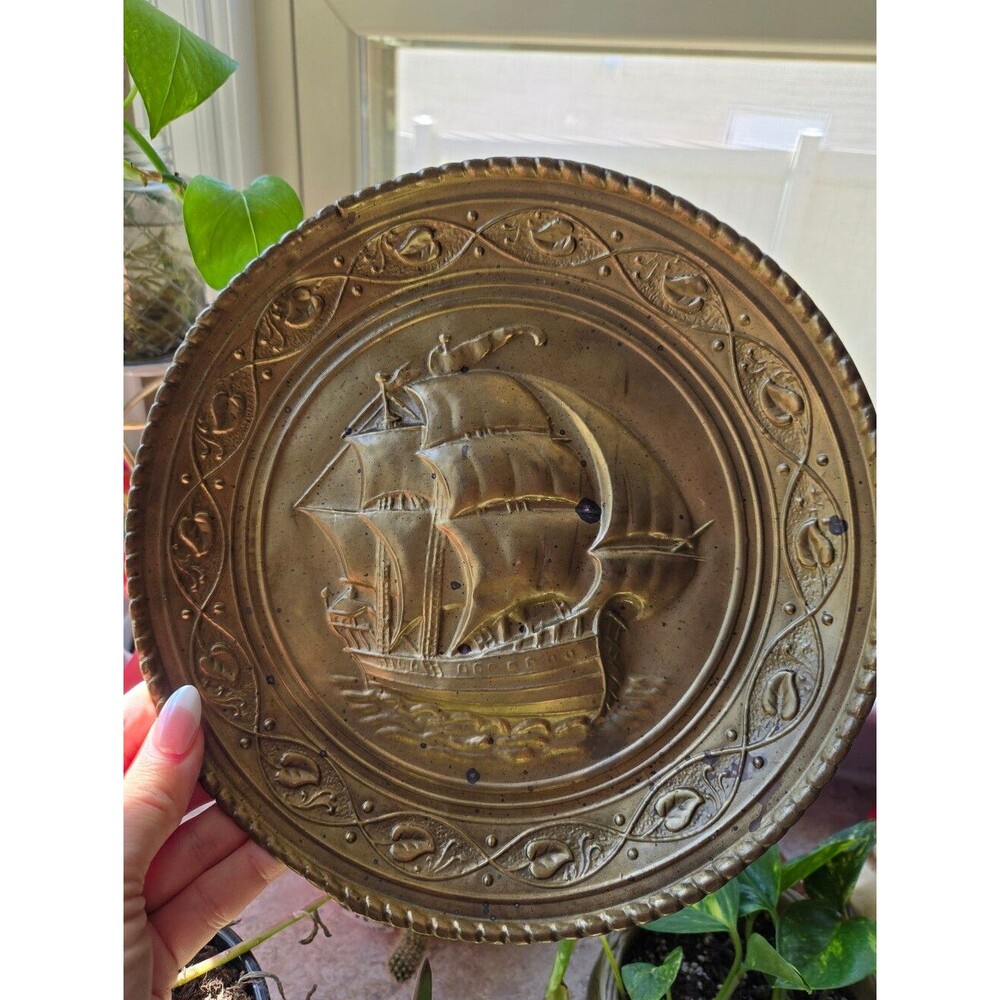 Vintage Lombard England Hammered Brass Wall Hanging Plate - 10" Nautical Sailing